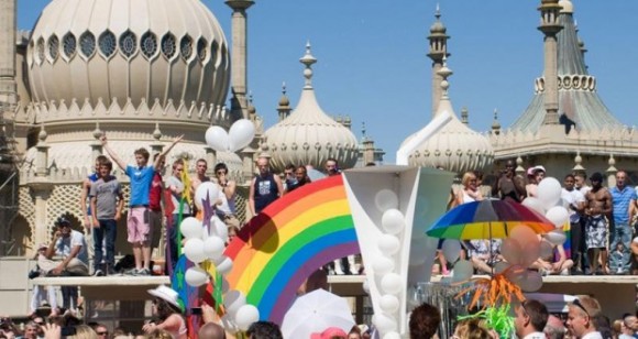 Proud LGBTQ+ Community Pride Outside Royal Pavilion in Brighton